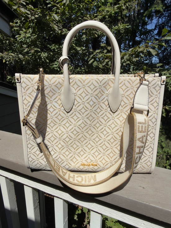 Michael Kors Handbags - Michael Kors Cream and Gold Logo Tote with Branded Strap
